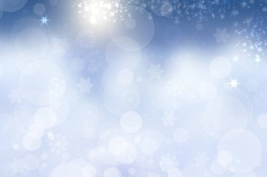 Soyut bulanık, neşeli, açık mavi kış Noel 'i ya da parlak mavi ve beyaz bokeh ışıklı kar taneleri ve yıldızlı mutlu yeni yıl arkaplan dokusu. Tasarımın için yer aç. Kart kavramı.
