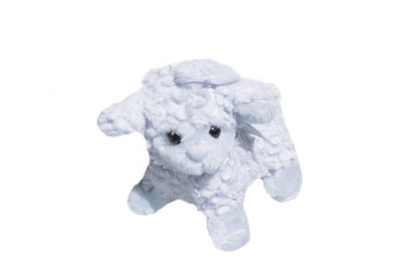 White sheep toy isolated on white background. Sheep soft toy. Plush Valentines lamb.