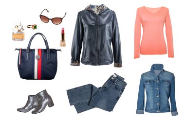 Collage woman clothing. Set of a stylish and trendy leather jacket, boots, jeans, shirt, blouse, handbag and other accessories isolated on a white background. Latest fashion trends.
