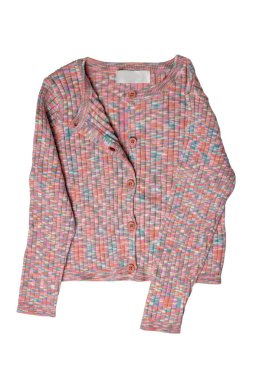 Girls clothes. Multi-colored knitted elegant fluffy cardigan or jumper with v-neck and button closure isolated on a white background. Clipping path. Kids and children's fashion.