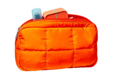 Cosmetic bag isolated. Close-up of a cosmetics travel bag used for the essential equipment brushes for makeup and beauty products. Clipping path.