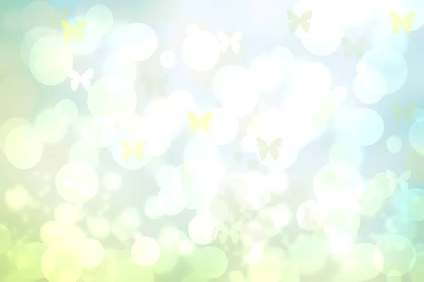 Hello spring background. Abstract delicate bright spring or summer landscape texture with natural green yellow white bokeh lights, sunshine and butterflies. Beautiful backdrop with space.