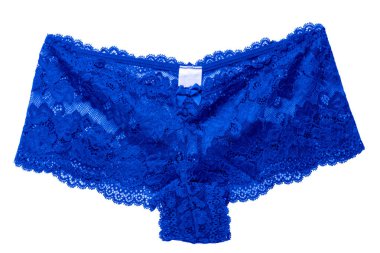 İç çamaşırlı kadın izole edilmiş. Şık mavi dantelli külotların yakın çekimi. Kesme yolu. Erotik dantel moda. Kadın seksi iç çamaşırı, kadın seksi gecelik.