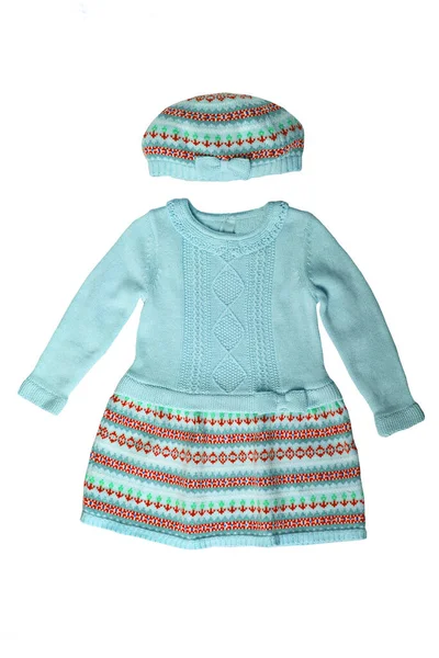 Ρούχα Για Παιδιά Ένα Όμορφο Μπλε Πλεκτό Φωτεινό Παιδικό Φόρεμα — Φωτογραφία Αρχείου