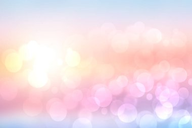 Abstract blurred fresh vivid spring summer light delicate pastel pink blue white yellow bokeh background texture with bright circular soft color lights. Beautiful backdrop illustration.
