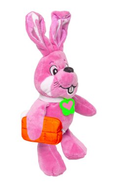 Beyaz bir arka planda izole edilmiş, kalp kolyesi ve çantası olan sevimli pembe peluş bir tavşan. Paskalya tebrik kartı dekorasyon ögesi tasarım için alanı var. Parlak peluş hayvan..