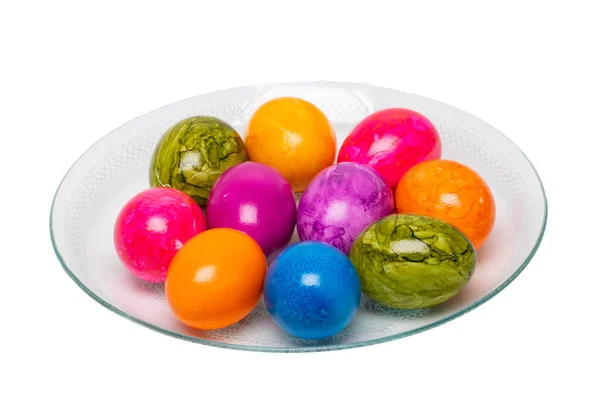 Barevné Velikonoční Vajíčka Uspořádané Skleněné Desce Izolované Bílém Pozadí — Stock fotografie