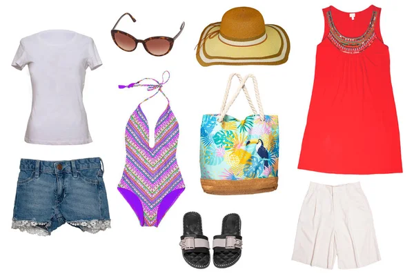 白い服に隔離された女の子のビーチの夏服のコラージュセット 女性のアパレルコレクション 女性ファッション服 カラフルなスタイリッシュなビーチウェア — ストック写真