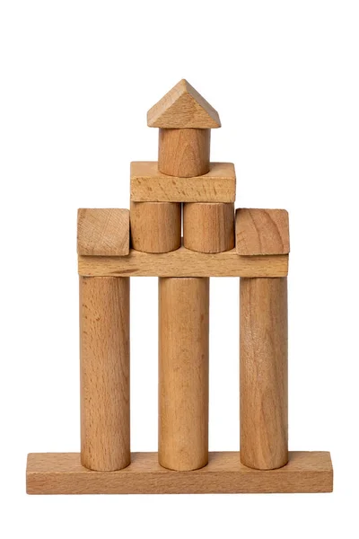 Wooden Isolated House Wooden Toy Castle Constructed Cubes Cylinders Triangles — Stock Photo, Image