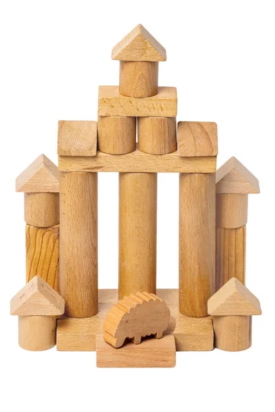 Isolated House Made Wood Wooden Toy Castle Made Cubes Cylinders — Stock Photo, Image