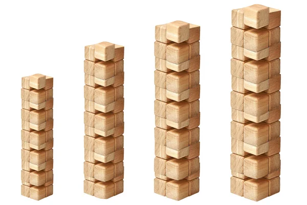 木製のブロックからのタワーは 白で隔離されています テクノロジー ビジネス 建設計画の概念 スペースをコピーする ウッドブロックゲーム 子供のためのブロックの構築 — ストック写真