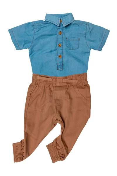 青い赤ちゃんのボディスーツと 白い背景に隔離されたスタイリッシュな茶色のベビーパンツやスウェットパンツのコラージュセット 新生児のための服 ベビーファッション — ストック写真
