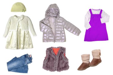 Küçük kız sonbahar kolajı ya da beyaza izole edilmiş bahar giysileri. Çocuk giyim koleksiyonu. Childs moda kıyafeti. Ceket, etek, yelek, elbise ve kot.