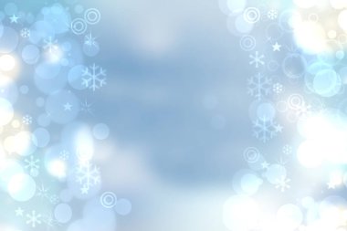 Noel kartı şablonu. Soyut, soyut, mavi, beyaz kış arkaplan dokusu mavi ve bokeh ışıklı kar taneleri, yıldızlar ve bir çerçeve. Güzel kart tasarımı.