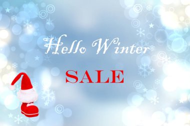 Merhaba kış satışları% 50 indirimli. Noel Baba çizmeleri ve soyut arkaplanda harfleri olan doku. Kart, broşür, afiş ve tanıtım konsepti.