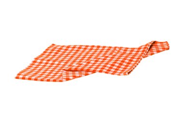 Beyaz arkaplanda izole edilmiş turuncu ve beyaz kareli peçete ya da masa örtüsü dokusu. Mutfak aksesuarları.