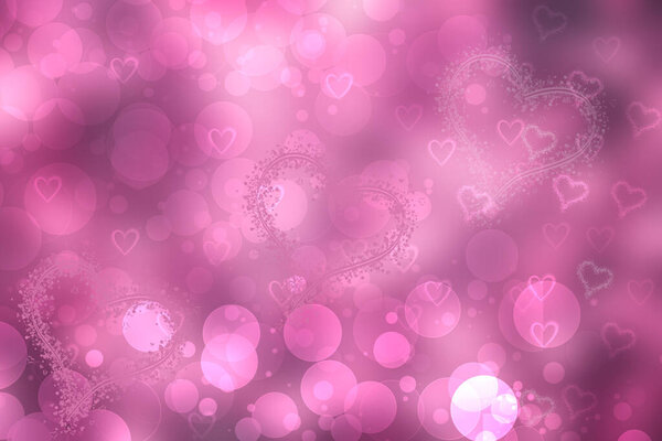 Abstract festive blur blue pink background with pink hearts love bokeh and flower for wedding card or Valentines day.  Romantic textured backdrop with space for your design. Card concept.