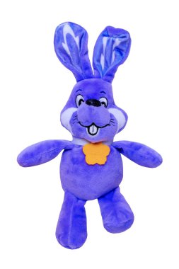 Beyaz arka planda izole edilmiş kalp kolyesi olan şirin mavi peluş bir tavşan. Paskalya tebrik kartı dekorasyon ögesi tasarım için alanı var. Parlak peluş hayvan..