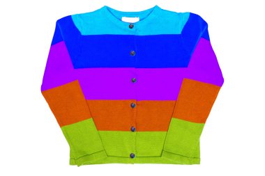 Erkek kıyafetleri. Güzel renkli çizgili küçük bir çocuk kazağı ya da beyaz bir arka planda izole edilmiş örülmüş hırka. Çocuklar ve çocuklar moda. Sonbahar ve kış modası.