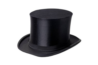 Chapeau Claque 'de. Antika siyah silindir şapka. Eski şapka. Katlama silindiri. Silindir şapka beyaz arka planda izole edilmiş. Klasik erkek modası. Kesme yolu.