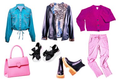 İlkbahar kadın kolajı yaz kıyafetleri izole. Kadın giyim koleksiyonu. Kadın moda kıyafeti. Kot, spor ayakkabı, kazak, ceket, aksesuar....