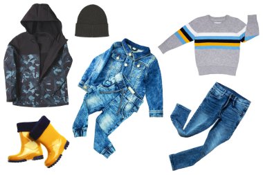 Kolaj seti. Sonbahar kıyafetleri. Kot pantolon ve kot ceket, spor ayakkabı, süveter, gömlek, pantolon ve çocuk için kapüşon. Çocukların kış modası.