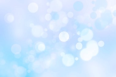 Soyut, taze, bulanık bahar ışığı hassas pastel mavi, beyaz, bokeh arkaplan dokusu parlak dairesel yumuşak renkli ışıklar. Güzel arkaplan illüstrasyonu.
