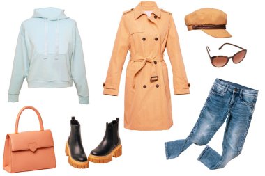 Kolaj kadın kıyafetleri. Şık ve şık bayan moda ceketi, bluz ya da gömlek, el çantası, kot pantolon, bot ya da ayakkabı ve diğer aksesuarlar. Son moda eğilimleri.