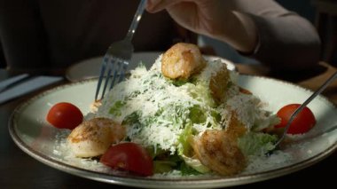 Izgara karides, rendelenmiş parmesan peyniri, romaine marulu ve vişneli domatesli Sezar usulü salata. Doğal ışık altında kırsal bir tabakta servis edilmiş. Sağlıklı ve lezzetli bir yemek.