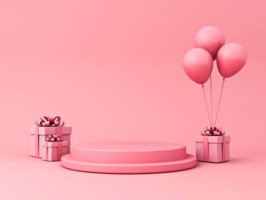 Hediye kutuları ve balonları ya da boş ürün sergisi olan boş pembe podyum kaidesi açık pembe pastel renk arka planda izole edilmiş sahne platformu minimum kavramsal 3D görüntüleme