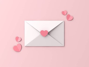 Creative idea love letter concepts white envelope with pink sticker heart isolated on light pink pastel color background minimal conceptual 3D rendering