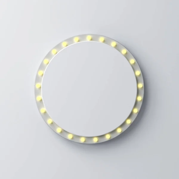 Blank white round signage or round circle signboard with retro yellow neon light bulbs isolated on dark white grey wall background with shadow minimal conceptual 3D rendering