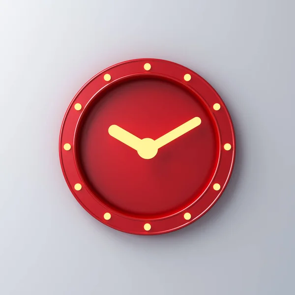 Red clock with retro neon light bulbs isolated on white wall background with shadow 3D rendering
