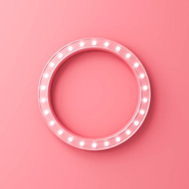 Pembe renkli renkli duvar zeminine izole edilmiş neon ışıklı ampul çerçeveli sevimli pembe retro yuvarlak reklam panosu.