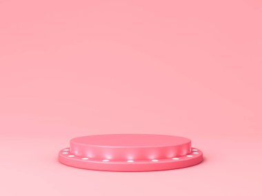 Boş pembe podyum kaidesi, spot ışıkları, neon lambaları ya da pembe pastel renk arka planında izole edilmiş boş ürün sahne platformu, en düşük kavramsal 3D görüntüleme ile.