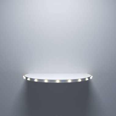 Boş beyaz raf veya ürün görünüm yuvarlak raf sarı retro-neon ampuller ile izole beyaz duvar arkaplan gölge minimal yaratıcı fikir 3D görüntüleme