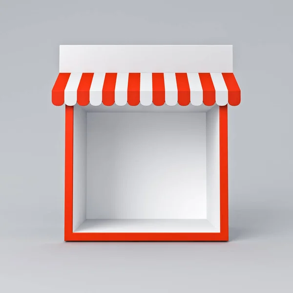 空白展位店或空白展位 红色条纹篷隔离在白色灰色背景下最小的概念3D渲染 — 图库照片
