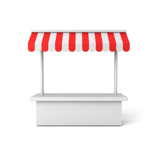 空白市场摊位摊位展览店设有产品货架柜台或展示摊位 红色条纹篷隔离白色背景最小概念3D渲染 — 图库照片