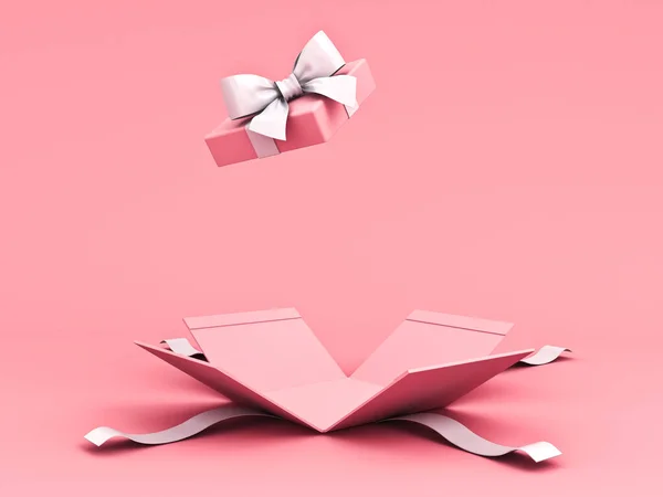 带白色彩带蝴蝶结的空白粉色礼品盒或礼品盒 与浅粉橙色彩绘背景隔离 阴影最小的概念3D渲染 — 图库照片
