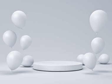 Beyaz temalı ürün podyum tasarım şablonu beyaz gri arkaplan üzerinde beyaz balonlar minimal kavramsal 3D oluşturma