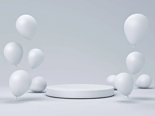 White Theme Product Podium Design Template White Balloons White Grey — Stock Photo, Image