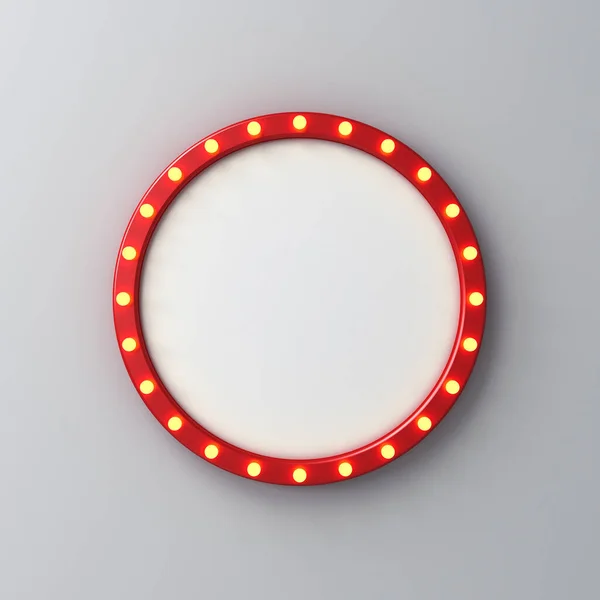 Retro Okrągłe Oznakowanie Lub Puste Błyszczące Tablice Świecącymi Żółtymi Żarówkami — Zdjęcie stockowe