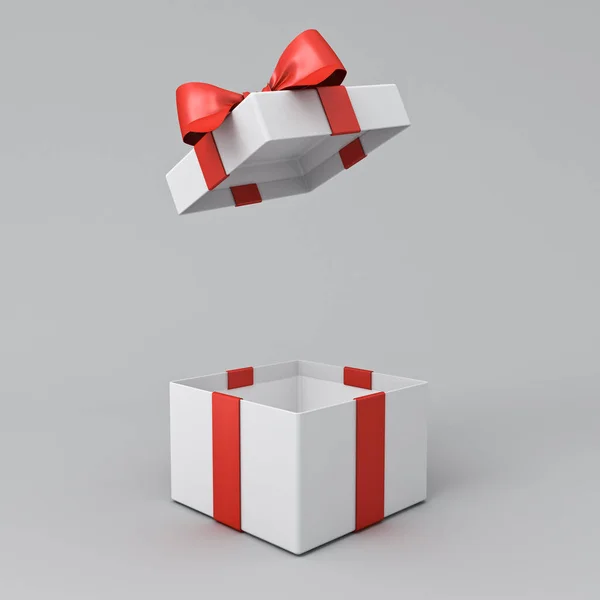 Άνοιγμα Λευκό Κουτί Δώρο Κουτί Δώρου Κόκκινες Κορδέλες Και Τόξο — Φωτογραφία Αρχείου