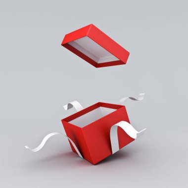 Beyaz kurdeleli kırmızı hediye kutusu ya da hediye kutusunu aç ve beyaz gri arkaplan üzerinde izole edilmiş gölge en az kavramsal 3D görüntüleme