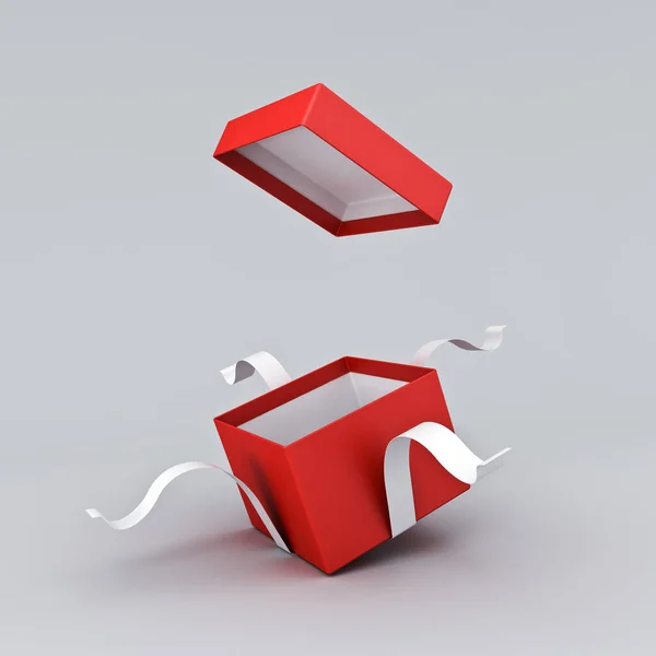 Άνοιγμα Κόκκινο Κουτί Δώρο Κουτί Δώρου Λευκές Κορδέλες Και Τόξο — Φωτογραφία Αρχείου