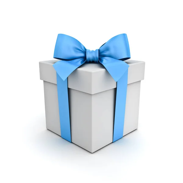 White Gift Box Present Box Blue Ribbon Bow Isolated White — Stock Photo, Image