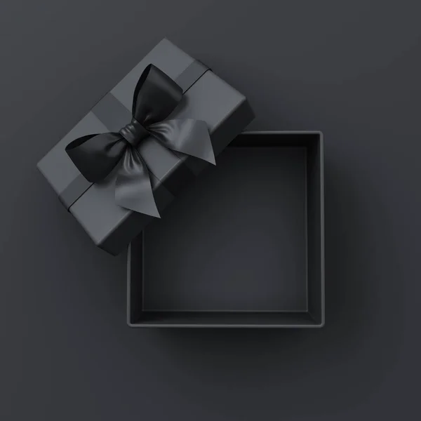 黒のリボンと影の暗い背景に隔離された弓と黒のギフトボックスのブランクオープンブラックプレゼントボックスまたはトップビュー最小限の黒の金曜日の概念的な3Dレンダリング — ストック写真