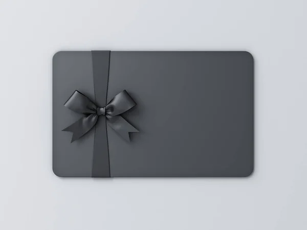 ホワイトグレーの背景にブラックリボン弓で隔離されたブランクブラックギフトビジネスカードと影の最小コンセプト3Dレンダリング — ストック写真