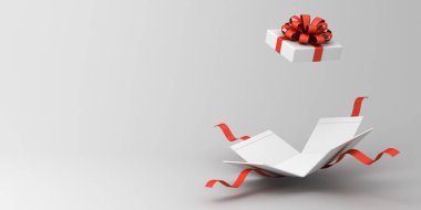 Beyaz hediye kutusu açık veya kırmızı kurdeleli hediye kutusu beyaz gri arkaplan üzerinde izole edilmiş gölge ve boş alan minimum kavramsal 3D görüntüleme