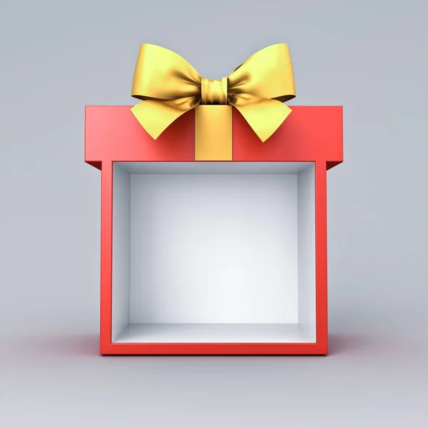 空白表示赤い現在の箱のショーケースの立場か赤いギフト用の箱は影3Dレンダリングが付いている白い灰色の背景で隔離された黄金のリボン弓とモックアップします — ストック写真